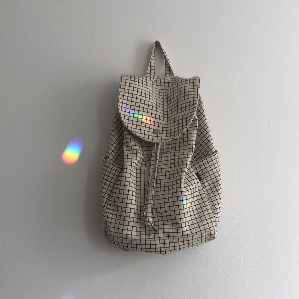Baggu Cream and Black Windowpane Check Print Drawstring Backpack